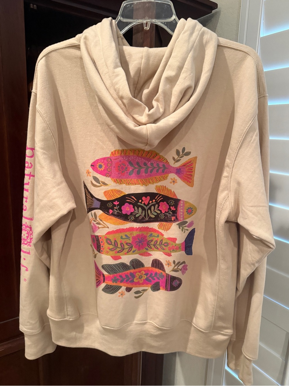 Natural Life Folk Art Fish Hoodie Oversized Beige XS